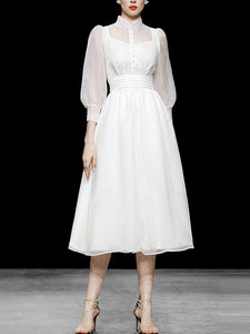 White Puff 3/4 Sleeve Edwardian Revival Fariy Organza Dress
