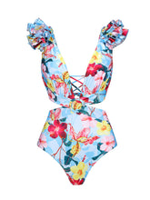Load image into Gallery viewer, Blue Flower Print Ruffles One Piece With Bathing Suit Wrap Skirt