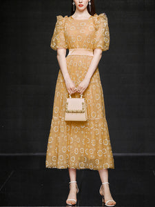 Yellow Daisy Puff Sleeve 1950S Vintage Maxi Dress