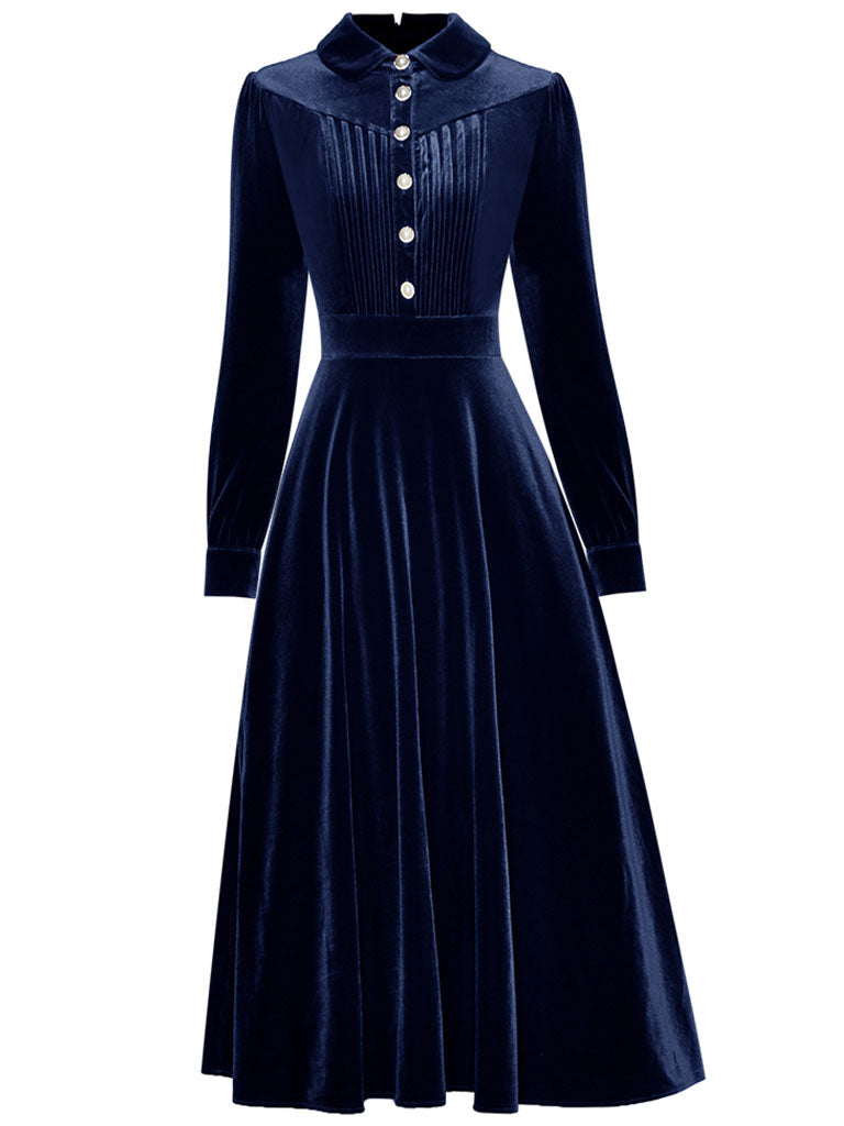 Royal Blue Peter Pan Collar Long Sleeve 1950S Velvet Vintage Dress Wit Jolly Vintage Royal Blue Peter Pan Collar Long Sleeve 1950S Velvet Vintage Dress Wit Jolly Vintage