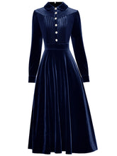 Load image into Gallery viewer, Royal Blue Peter Pan Collar Long Sleeve 1950S Velvet Vintage Dress With Pearl Button