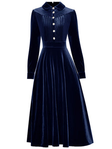 Royal Blue Peter Pan Collar Long Sleeve 1950S Velvet Vintage Dress Wit ...