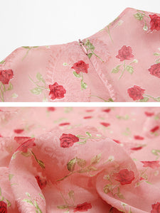 Pink Rose Floral Chiffon Vintage Style 1950S Dress