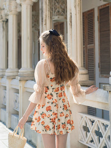 Rose Puff Sleeve Ballet Style Vintage One Piece Swimwear