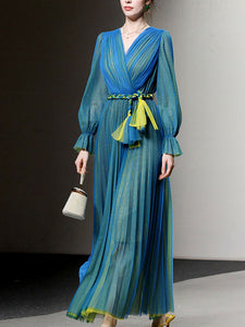 Blue V Neck Lantern Sleeve Pleated Fairy Dress