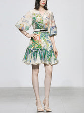 Load image into Gallery viewer, Green Retro Lantern Sleeves Printed Mini Dress