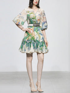 Green Retro Lantern Sleeves Printed Mini Dress