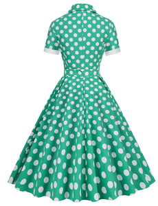 Green Polka Dots Turn Down Collar Short Sleeves 1950S Vinatge Shirt Dress