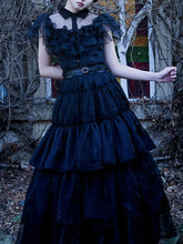Load image into Gallery viewer, Black Ruffles Gothic Style Organza Vintage Dress Wednesday Dress With Belt