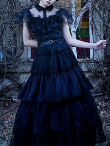 Black Ruffles Gothic Style Organza Vintage Dress Wednesday Dress With Belt For Kid