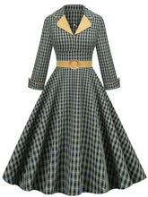 Load image into Gallery viewer, 1950S Green Turn Down Collar Plaid Long Sleeve Vintage Swing Dress