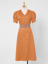 Load image into Gallery viewer, Orange V Neck Puff Sleeve Audrey Hepburn Style 50S Vintage Dress With Belt