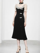 Load image into Gallery viewer, White Semi Sheer Ruffles With Black Fishtail Cheongsam Dress