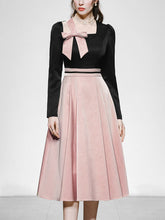 Load image into Gallery viewer, Pink And Black Square Collar Bowknot 1950S Hepburn Style Outfits Vintage Swing Dress
