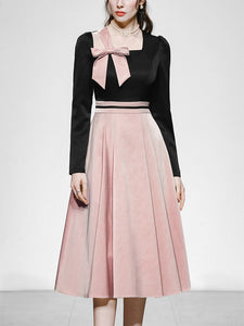 Pink And Black Square Collar Bowknot 1950S Hepburn Style Outfits Vintage Swing Dress
