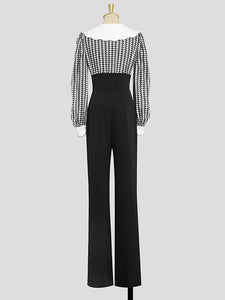 2PS Black Print Long Sleeve Rhinestone Top With High Waist Wide Leg Pants Suit