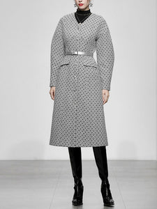 Light Grey V Neck Polka Dot Woolen Coat