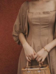 Retro Palace Puffed Sleeves Square Collar Linen Vintage Dress