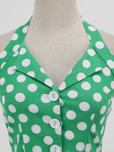 Load image into Gallery viewer, Green And White Polka Dots Pockets Vintage Halter 1950S Dress With Button