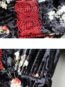 Lace V Neck Floral Velvet Dress Vintage Dress