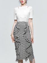 Load image into Gallery viewer, 2PS Off The Shoulder White Knitted Top And Lotus Leaf Plaid Skirt Suit