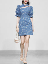 Load image into Gallery viewer, Retro Cheongsam Stand Collar Hollow Puff Sleeves Denim Printed Mini Dress