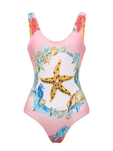 2PS Starfish Print One Piece With Bathing Suit Swing Skirt