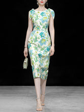Load image into Gallery viewer, Light Blue And Green Rabbit Ears Strap Floral Print Bodycon Dress