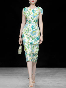 Light Blue And Green Rabbit Ears Strap Floral Print Bodycon Dress