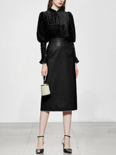 Load image into Gallery viewer, 2PS Black 1950S Vintage Mandarin Collar Classic Top And Black Pu Skirt Suit
