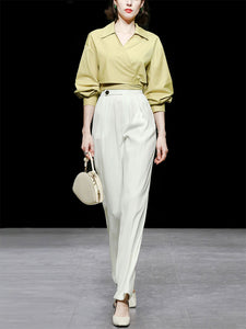 Yellow V Neck Shirt And White High Waisted Wide Leg Trousers Suit