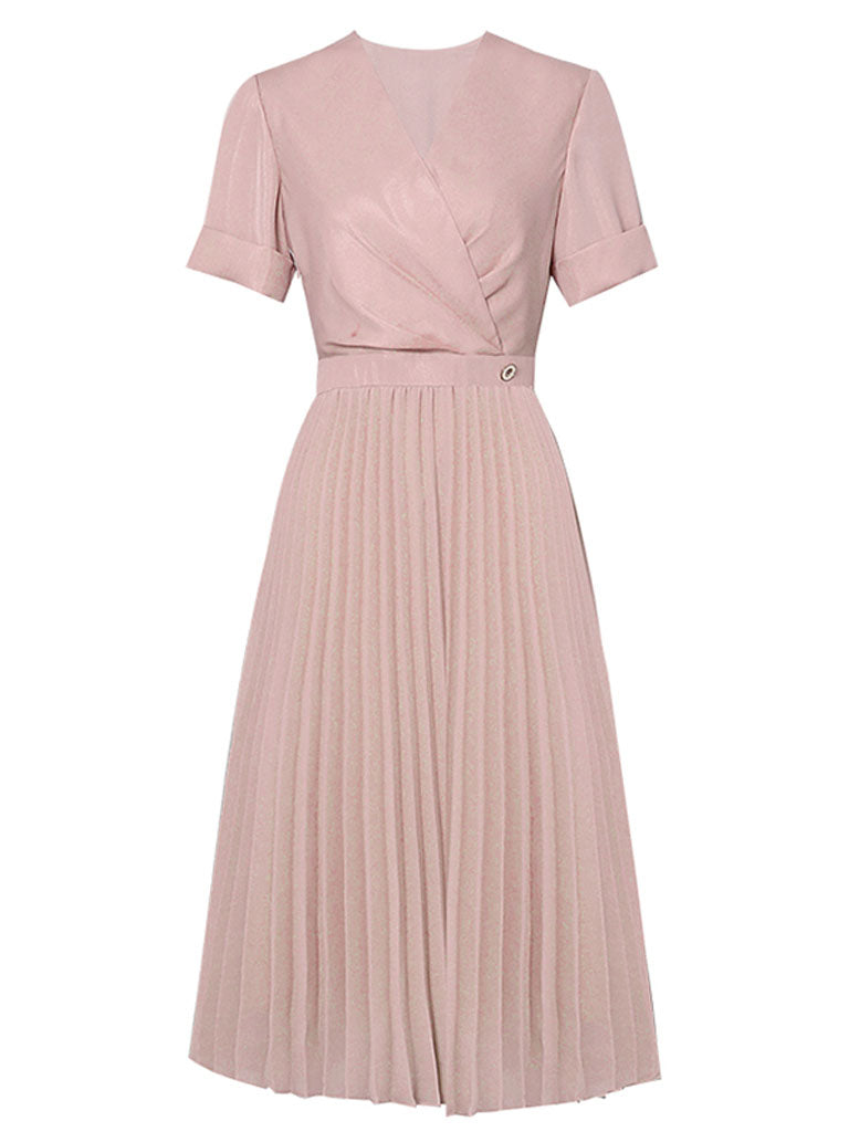 Pink V Neck Splicing High Waist Pleated 1950S Chiffon Dress