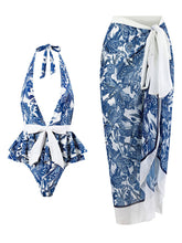 Load image into Gallery viewer, Blue Dragonfly Print V Neck One Piece With Bathing Suit Wrap Skirt