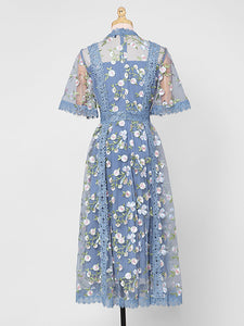 Blue Embroidery Daisy Lace Neck Maxi Dress