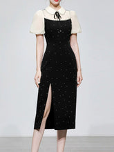Load image into Gallery viewer, Black Peter Pan Collar Puff Sleeve Split Party Sexy Dress