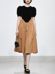 Black And Brown Crew Neck 1950S Hepburn Style Outfits Vintage Swing Dress