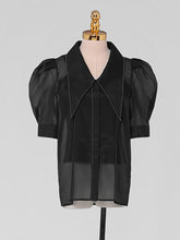 Load image into Gallery viewer, 3PS Black Pointed Big Lapel Puff Sleeves Organza Top And High Waist Bloomers Set