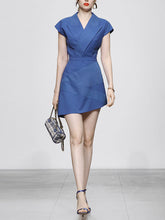 Load image into Gallery viewer, 2PS Blue Vertical Striped Lapel Sleeveless Slim Top High Waist Asymmetric Short Skirt Set
