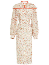 Load image into Gallery viewer, Orange Floral Print Long Sleeve Fishtail Cheongsam Dress