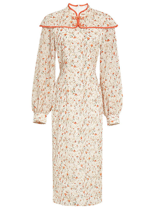 Orange Floral Print Long Sleeve Fishtail Cheongsam Dress