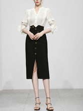 Load image into Gallery viewer, 2PS White Vertical Stripes 1950S Vintage Classic Top And Black High Waist Skirt Suit