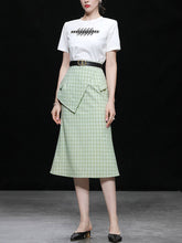 Load image into Gallery viewer, 2PS White 1950S Vintage Classic Tshirt And Green Plaid Mermaid Skirt