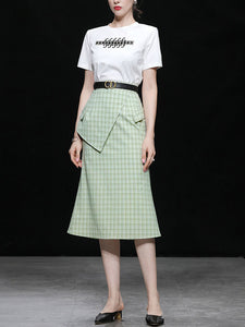 2PS White 1950S Vintage Classic Tshirt And Green Plaid Mermaid Skirt