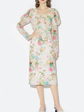 Load image into Gallery viewer, White 1960S Vintage Floral Printed Pearl Puff Sleeve Bodycon Dress