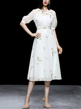 Load image into Gallery viewer, White V Neck Puff Sleeves Embroidered Organza Vintage Dress