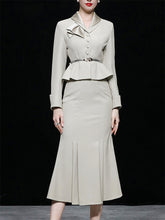 Load image into Gallery viewer, 2PS Grey Wasp Waist Women&#39;s Top And Wrap Fishtail Skirt Suit