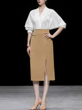 Load image into Gallery viewer, 2PS V Neck White Shirt And Khaki Split Sexy Bodycon Skirt Suit