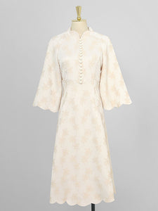 Apricot Half Turtleneck Flared Sleeve Embroidered Wave Hem Vintage Dress