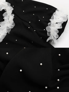 White Lace Square Neck Puff Sleeve Vintage Pearl Hepburn Style Midi Black Dress