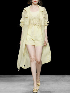 4PS Yellow 1950S Vintage Camisole Lace Vest And Shorts Coat Set